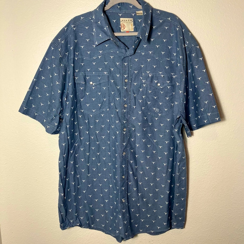 VTG Roper bull horns Texas Western cowboy Button-Down Shirts Men pearl 2XL